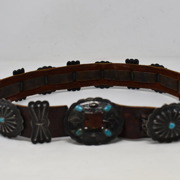 VINTAGE NAVAJO OLD PAWN 1ST PHASE COIN SILVER NAT TURQUOISE CONCHO BELT 1930-50 - Picture 15 of 15